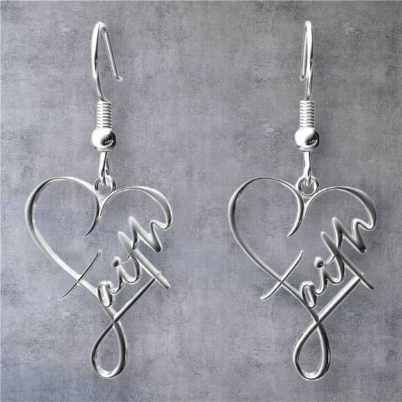 New - Faith Script Heart Dangle Earrings – Silver Tone - Picture 2 of 4